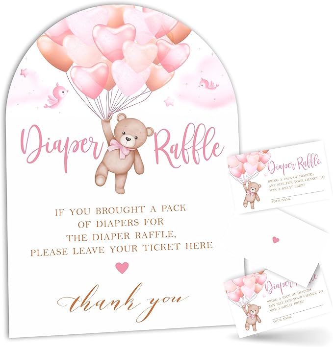 Pink Bear with Balloon Diaper Raffle Game Kit - 50 Tickets & 7x10 Inch Sign with Stand, Gender Neutral Baby Shower Decor, Bear Theme Gender Reveal Party Supplies (B04)