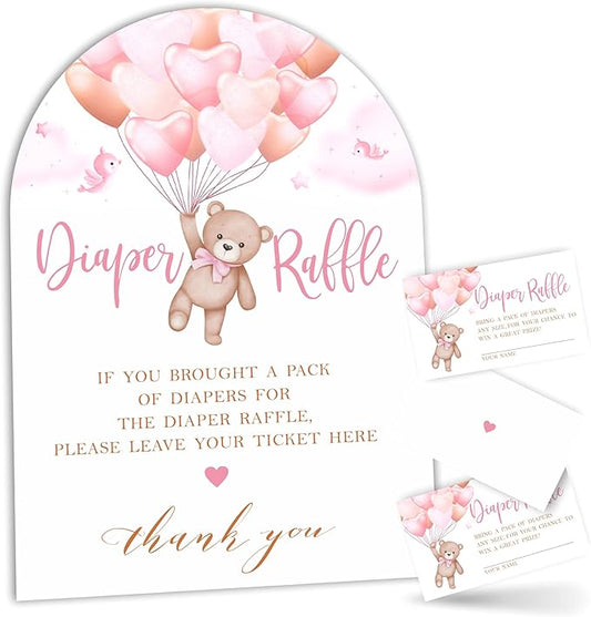 Pink Bear with Balloon Diaper Raffle Game Kit - 50 Tickets & 7x10 Inch Sign with Stand, Gender Neutral Baby Shower Decor, Bear Theme Gender Reveal Party Supplies (B04)