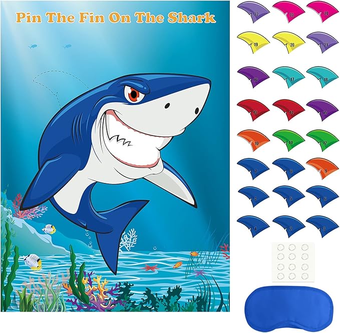 FEPITO Pin The Fin on The Shark Game with 24 Pcs Fins for Shark Birthday Party Decoration, Party Supplies
