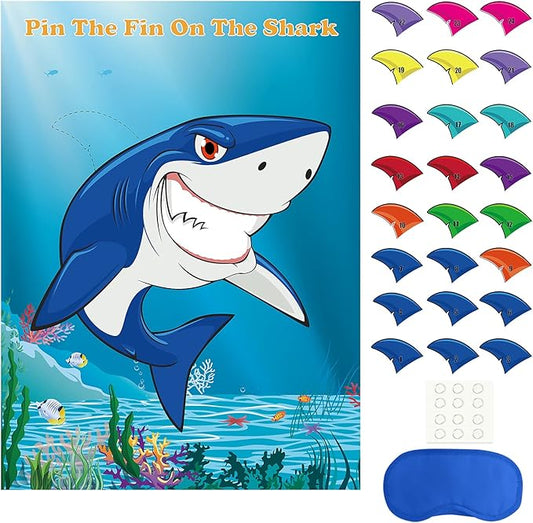 FEPITO Pin The Fin on The Shark Game with 24 Pcs Fins for Shark Birthday Party Decoration, Party Supplies