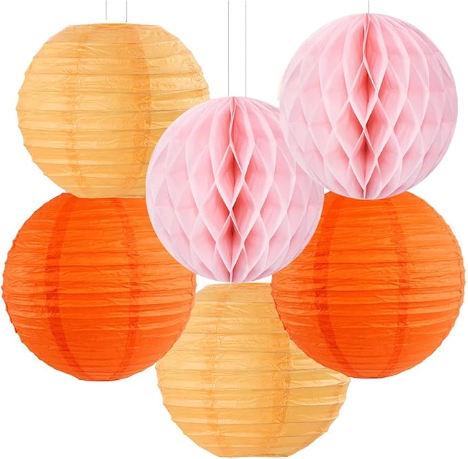 Pink-Orange Groovy-Thanksgiving Engagement Party-Decorations - 14pcs Fall Autumn Harvest Paper Lanterns Fan,Tissue Pom Poms Streamers,Honeycomb Balls,Birthday Baby Bridal Shower Wedding Decor Ouruola
