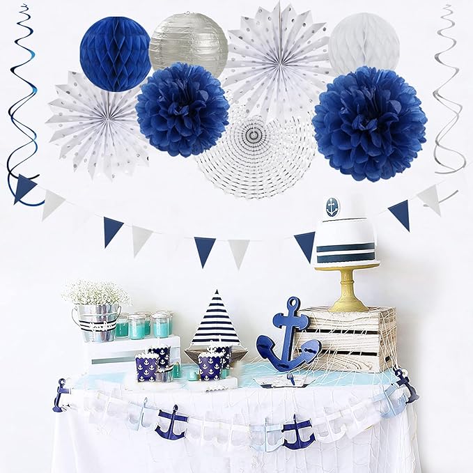 Navy-Blue White Silver Party-Decorations - 20pcs Graduation Paper Lanterns Fans,Tissue Pom Poms,Honeycomb Balls,Bunting,Birthday Bridal Bachelorette Christmas Baby Shower Wedding Decor Burgleda