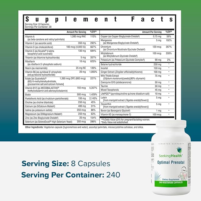 Seeking Health Optimal Prenatal, Women’s Vitamin with B12, Methylfolate, Choline, Methylation Support, Nutrients to Support Fertility, Pregnancy & Breastfeeding, Vegetarian Capsules (240 Capsules)
