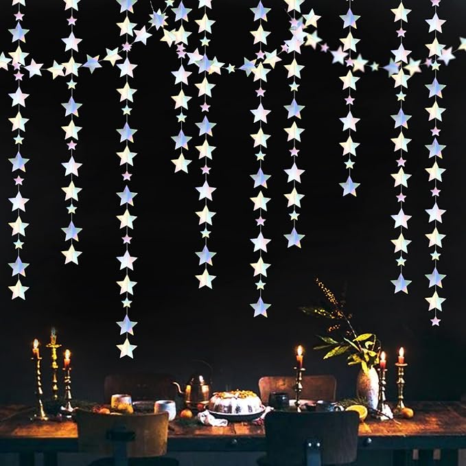 Iridescent Disco-Holographic Party-Decorations Christmas Garland - 62ft Twinkle Little Star Streamers Hanging Banner,Wedding Birthday Bachelorette Baby Bridal Shower Decor Hugtmr