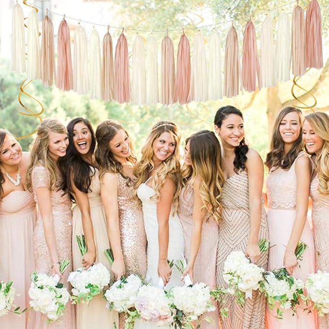 Champagne-Gold Beige Fall Bridal-Shower Party-Decorations - 36pcs Bride To Be Banner,Bachelorette Paper Lanterns,Wedding Streamers Garland,Boho Peach Tissue Pom Poms Flower Fan Decor Supplies Burgleda