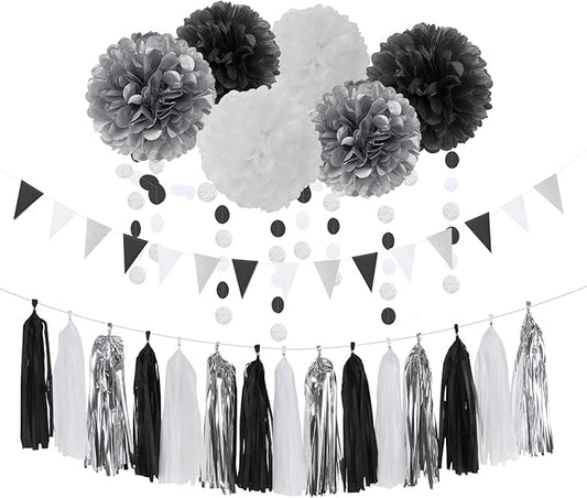 Black White Silver Party-Decorations Streamers - 23pcs Tissue Pom Poms, Graduation Men Boys Birthday Tassel Garland Banner,Wedding Baby Bridal Shower New Years Decor Lasting Surprise