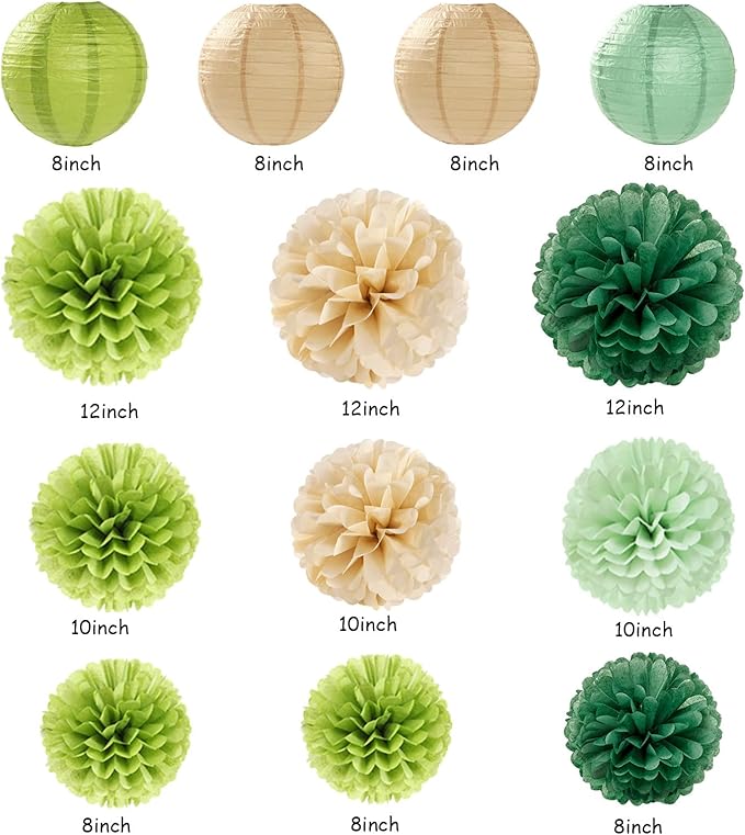 Sage-Green Boho Party-Decorations Paper-Flowers Lanterns - 20PCS Rustic Tissue Pom Poms Streamers Fans Honeycomb, Birthday Baby Shower Neutral Garden Neutral Wedding Hanging Supplies Decor Burgleda
