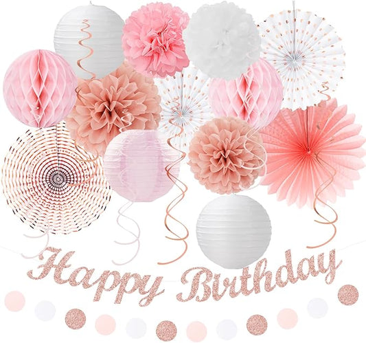 Pink White Rose-Gold Birthday Party-Decorations - 21pcs Happy Banner, Paper Lanterns,Tissue Pom Poms Flower Fan,Honeycomb Ball,Swirl Streamers Garland Supplies Decor Girls Women Huglony