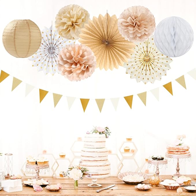 Beige-Champagne Gold White-Peach Boho Party-Decorations - 20pcs Neutral Baby Shower Rustic Wedding Paper Lanterns Fans,Tissue Pom Poms,Honeycomb Balls,Bunting,Birthday Bridal Decor Burgleda
