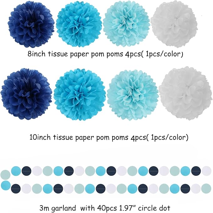 Light-Royal Navy-Blue White Pom-Poms Streamers - 30pcs Under The Sea Frozen Party-Decorations,Birthday Baby Shower Tissue Tassel Garland Banner, Bridal Wedding Engagement Decor Lasting Surprise