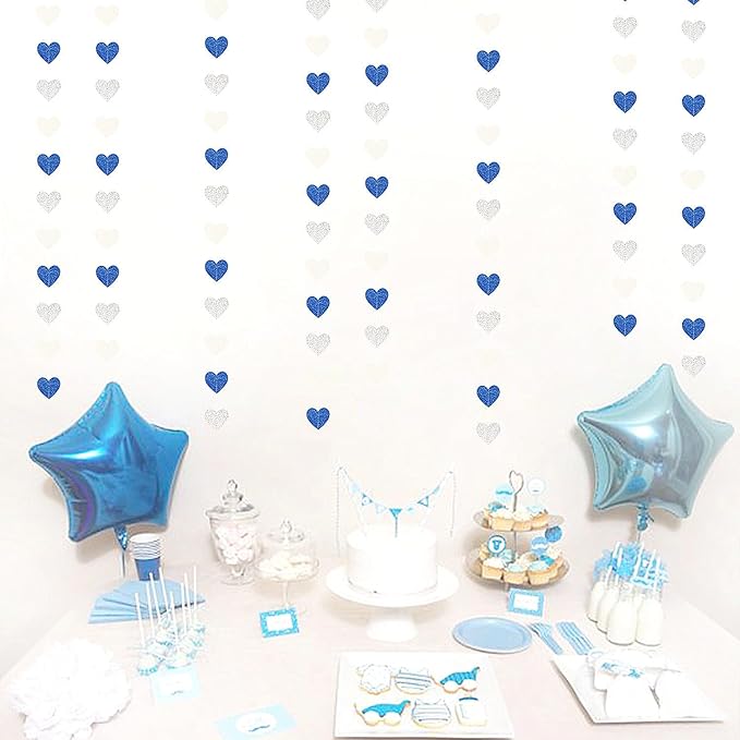 Navy-Blue White-Silver Birthday Party-Decorations Streamers - 52FT Graduation Hanging Heart Garland Banner,Baby Bridal Shower Wedding Engagement Bachelorette Backdrop Decor Hugtmr