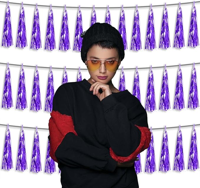 3P Metallic Fringe Tassel Banner Garland Foil Tinsel Streamer Wall Hanging Curtain Backdrop Banner for Parade Floats,Graduation Decorations, Father's Day Party Decoration(Purple)