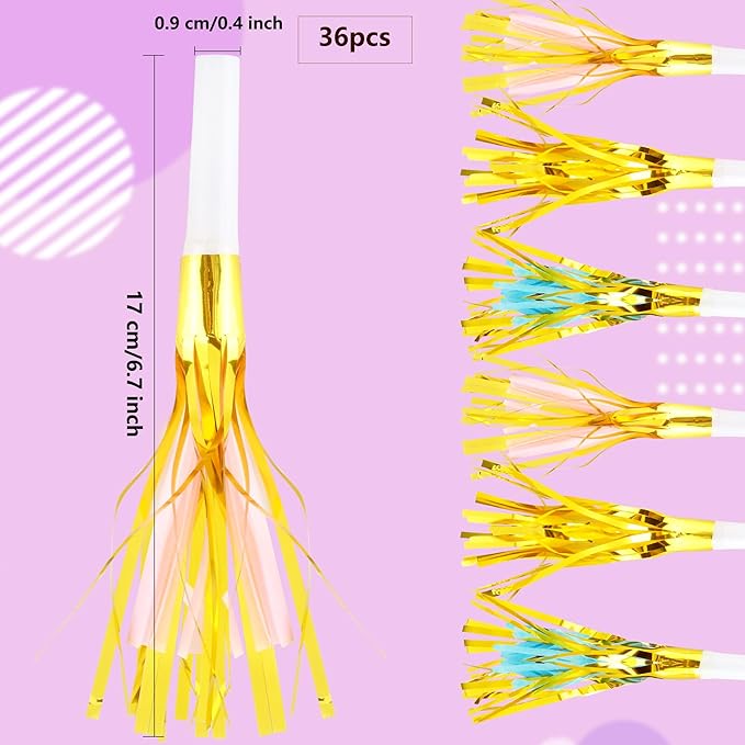 36 Pieces Glitter Metallic Fringed Noisemakers Musical Party Blowers Blowouts Whistle Party Blow Horns for New Years Birthday Party Supplies Sporting Event Celebrations (Pink)