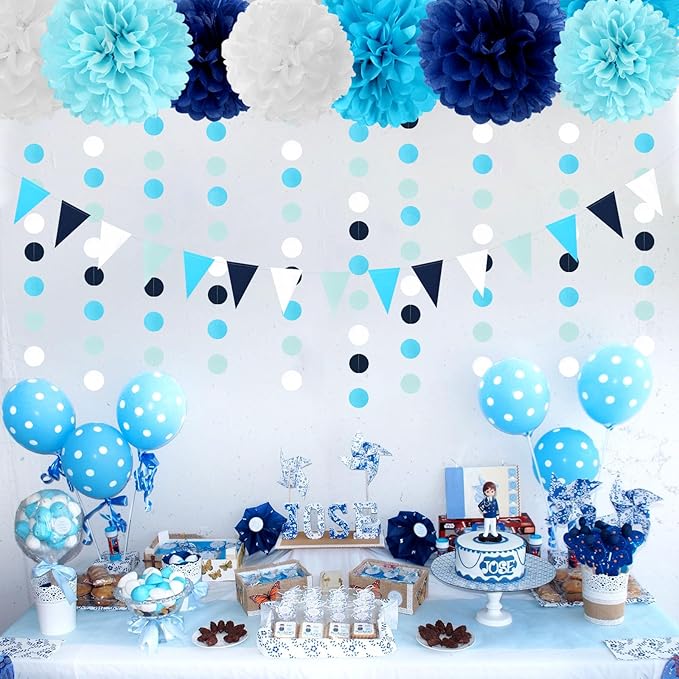 Light-Royal Navy-Blue White Pom-Poms Streamers - 30pcs Under The Sea Frozen Party-Decorations,Birthday Baby Shower Tissue Tassel Garland Banner, Bridal Wedding Engagement Decor Lasting Surprise