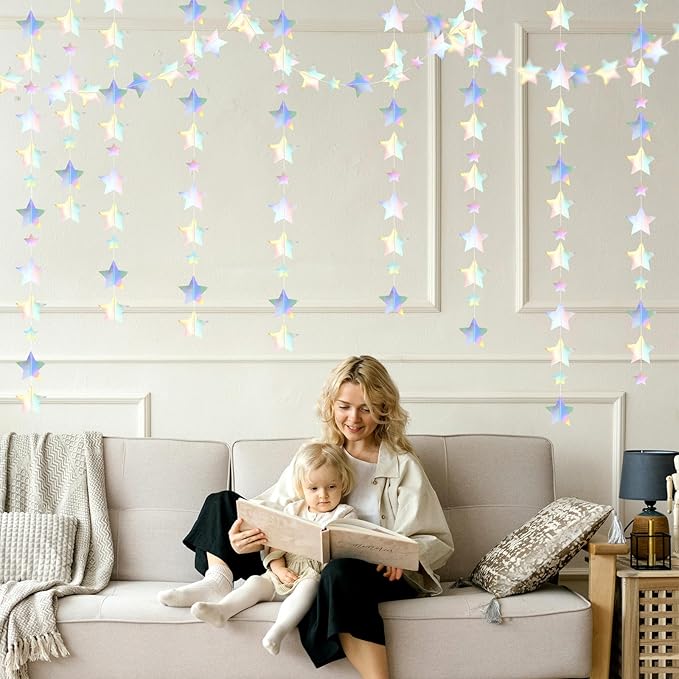 Iridescent Disco-Holographic Party-Decorations Christmas Garland - 62ft Twinkle Little Star Streamers Hanging Banner,Wedding Birthday Bachelorette Baby Bridal Shower Decor Hugtmr