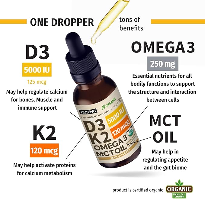 (4 Pack) Organic Vitamin D3 K2 Drops with MCT Oil Omega 3, 5000 IU, Maximum Strength Vitamin D Liquid - No Fillers, Non-GMO Liquid D3 for Faster Absorption & Immune Support (Vanilla, 4 Fl Oz)