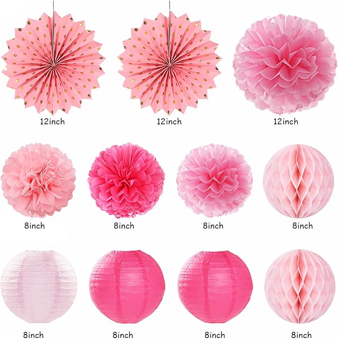 Light Hot Pink Birthday Party-Decorations - 21pcs Girl Happy Banner,Paper Lanterns Honeycomb,Tissue Pom Poms Flower Fan,Hanging Streamers Garland,18th 21st 30th Women Birthday Decor Supplies Huglony