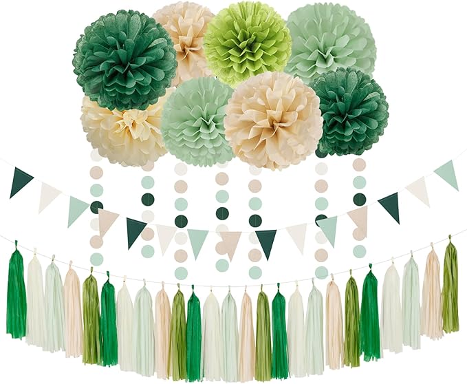 Sage-Olive Green Champagne-Gold Party Decorations - 30pcs Rustic Boho Wedding Paper Tissue Pom Poms Streamers,Tassel Garland Banner,Birthday Baby Bridal Shower Engagement Decor Lasting Surprise