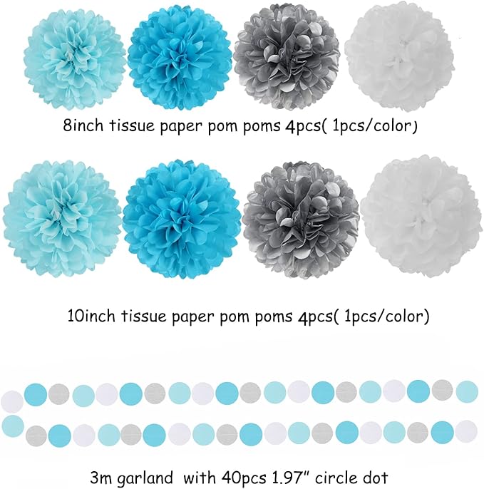 Royal-Light Blue Silver Party Decorations - 30pcs Tissue Pom Poms Streamers,Birthday Tassel Garland Banner,Graduation Wedding Engagement Baby Bridal Shower Decor Ouruola