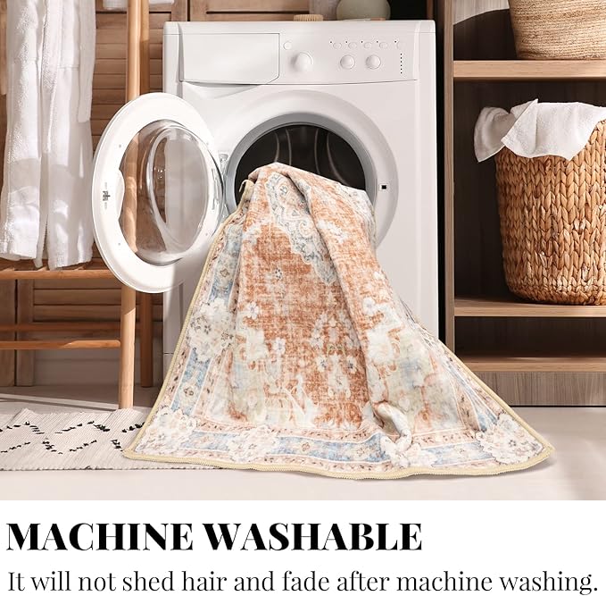 MUJOO 5'x7' Machine Washable Area Rugs for Living Room, Boho, Bedroom Laundry Room Kitchen Non Slip Carpet Abstract Soft Low-Pile Orange Navy Blue Floral.