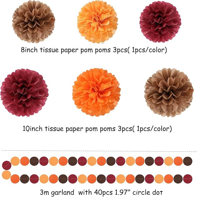 Boho Baby-Shower Burgundy-Brown Orange Party-Decorations - 23pcs Thanksgiving Fall Autumn Tissue Pom Poms Streamers,Neutral Birthday Rustic Wedding Bridal Engagement Tassel Garland Banner Ouruola