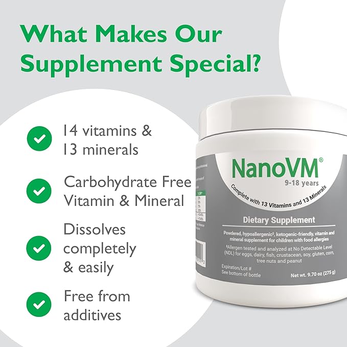 9-18 Years, Allergen-Free Kids Multivitamin, Unflavored Powdered Vitamins, Multivitamin Powder with 13 Vitamins & 13 Minerals, Low-Carbohydrate Vitamin Supplements, 275g - Solace Nutrition