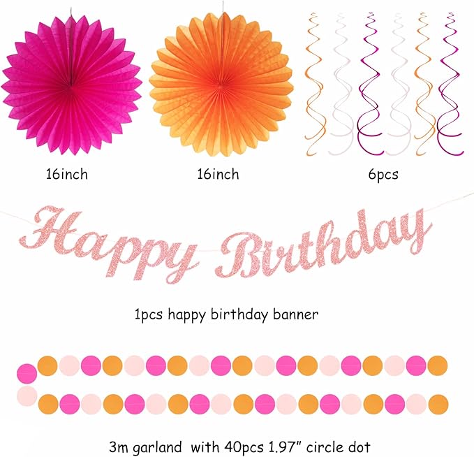 Hot-Pink Orange Fall Birthday Party-Decorations - 21pcs Autumn Women Peach Happy Banner,Girls Groovy Paper Streamers Lanterns Honeycomb,Tissue Flowers Pom Poms Fan, Boho Garland Room Decor