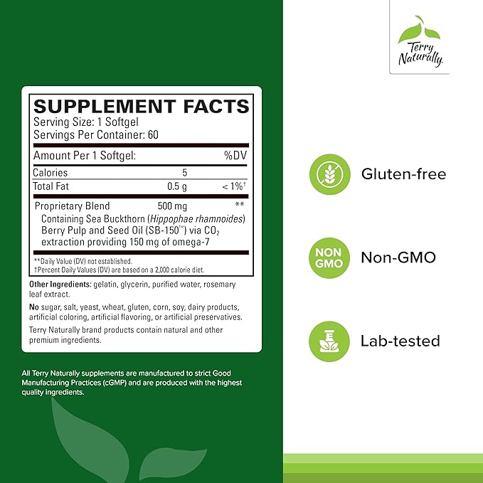 Terry Naturally Omega-7 Dry Eye Relief - Eye Health Supplement with Sea Buckthorn Oil - Dietary Supplement to Aid Dry Eye Relief - 60 Softgels