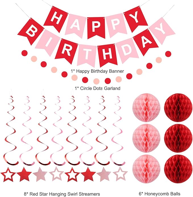 meowtastic Birthday Decorations, Happy Birthday Banner with Honeycomb Balls, Stars Hanging Swirl Streamers, Circle Dots Garland, Happy Birthday Party Decorations for Women Men Boys Girls (Red)