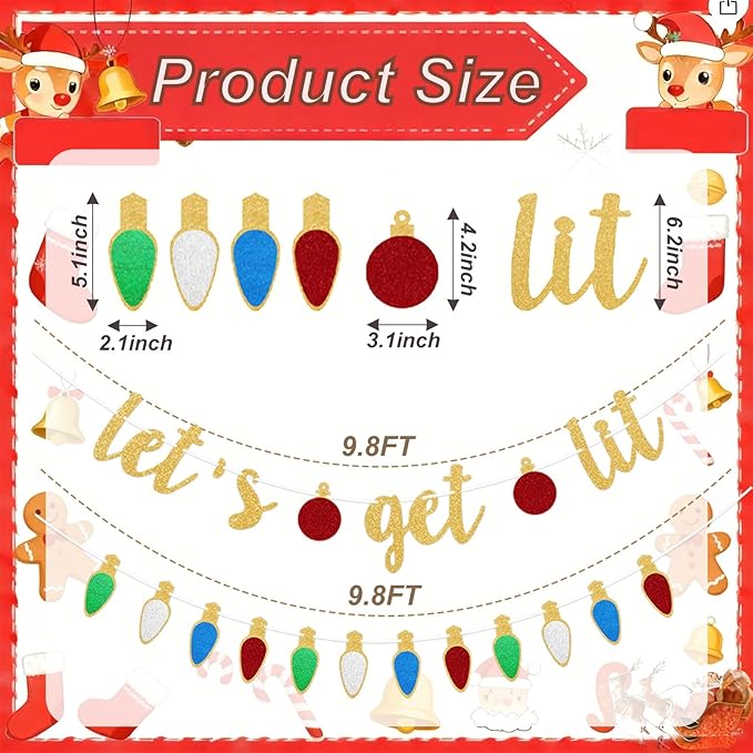 Gold Lets Get Lit Banner Christmas Banner, Christmas Party Decorations, Indoor Outdoor Home Hanging, Decor Yellow Glitter