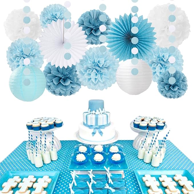Dusty-Blue White Bridal-Shower Bachelorette Party-Decorations - 22pcs Girls Bride To Be Banner, Light Paper Lanterns Streamers, Tissue Pom Poms Flowers Fans Wedding Decor Backdrop Hugmoon