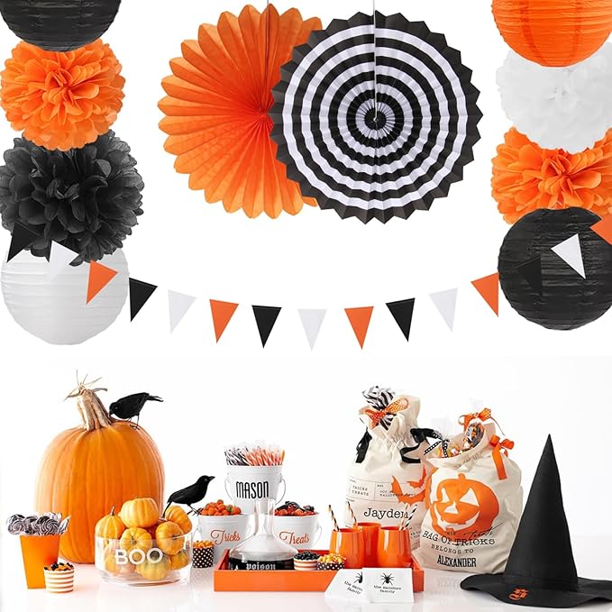 Orange-Black White Party-Decorations Paper-Flowers Lanterns - 20PCS Halloween Tissue Pom Poms Streamers Fans Honeycomb, Vintage Baby Shower Birthday Retro Bachelorette Hanging Supplies Decor Burgleda