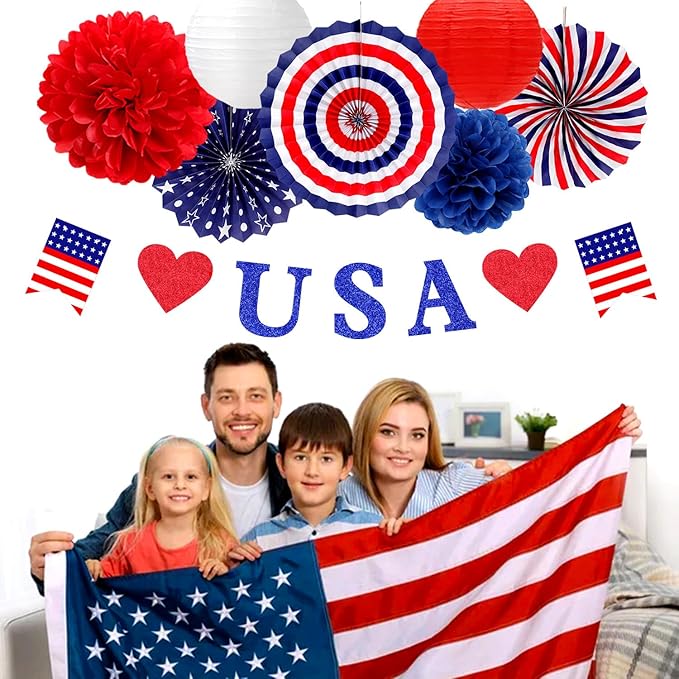 Red-White Blue Memorial-Day Patriotic Decorations - 21pcs 4th Fourth of July Americana Banner Garland,Independence Party Decor Paper Streamers Lanterns,Flower Tissue Pom Poms Fan Supplies Huglony