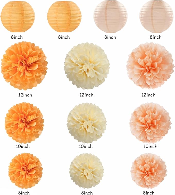 Beige-Orange Peach Fall-Boho Hanging Party-Decorations - 20pcs Autumn Friendsgiving Baby Shower Paper Lanterns Fans,Tissue Pom Poms,Honeycomb Balls,Thanksgiving Wedding Bridal Birthday Decor Burgleda