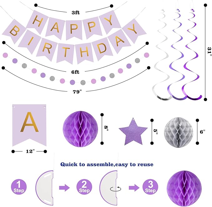 meowtastic Birthday Decorations, Happy Birthday Banner with Honeycomb Ball, Star Hanging Swirl Streamer, Circle Dot Garland, Happy Birthday Party Decoration for Women Men Boys Girls (Purple & Silver)