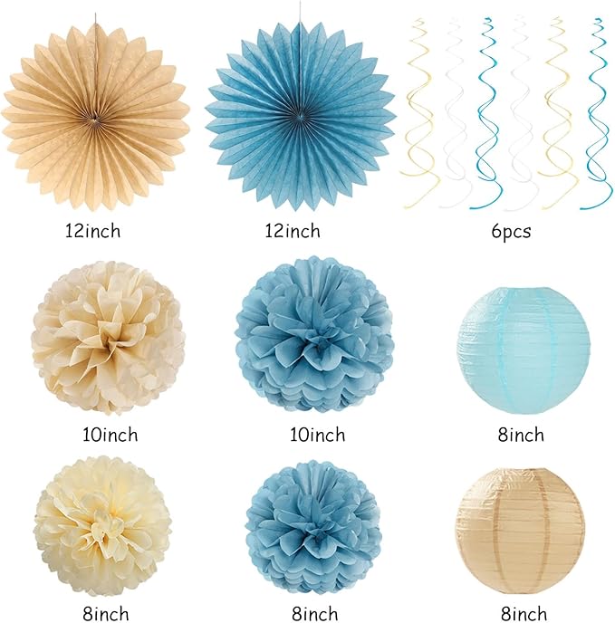 Light-Dusty Blue Beige-Champagne Baby-Shower Party-Decorations - 31pcs Welcome Home Banner Sign,Boy Paper Lanterns,Neutral Streamers Garland,Boho Tissue Pom Poms Flowers Fans Backdrop Decor Burgleda