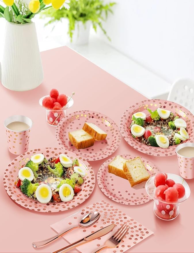 141 Pieces Pink and Rose Gold Party Supplies, Disposable Party Decorations Sets Include Paper Plates Napkins Cups, Plastic Forks Knives Spoons, for Baby Shower Birthday Wedding -20 Guests