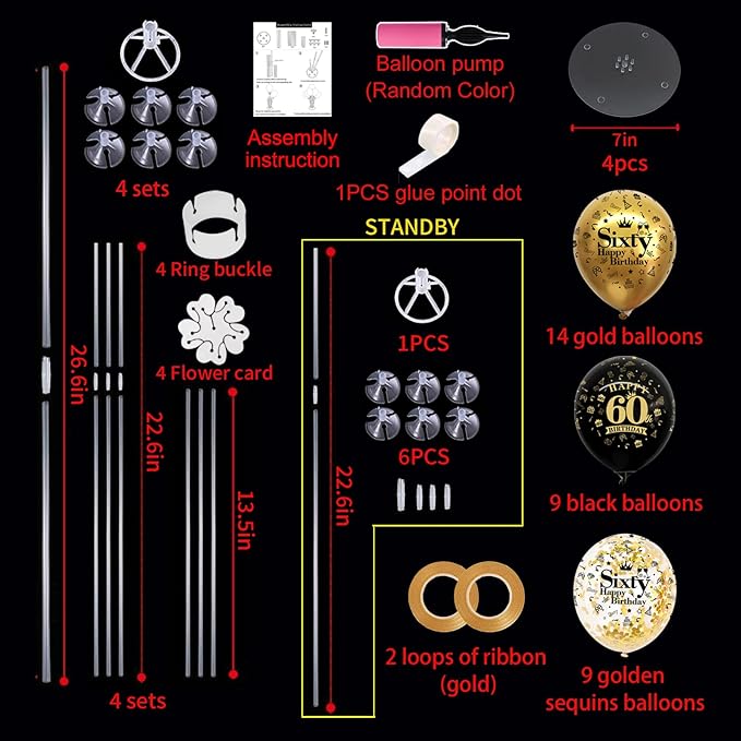 TONIFUL 4 Set Black Gold Balloon Stand Kit for Birthday Decorations for 60th,Balloon Centerpieces for Table Party Decorations Cheers to 60 Years Old Birthday for Men and Women