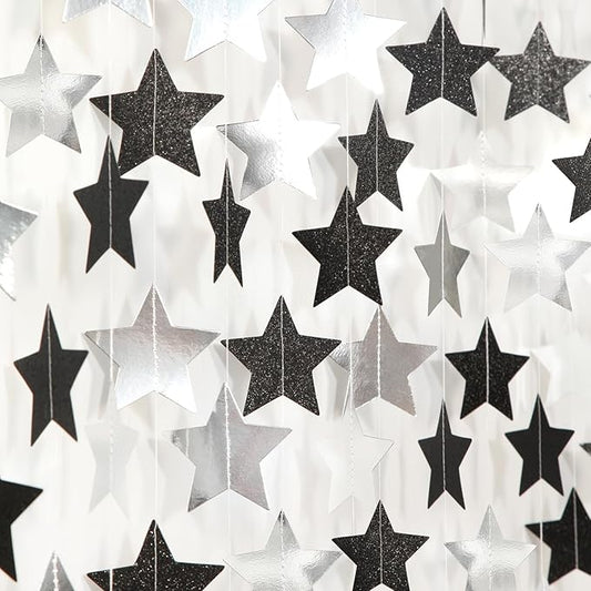Black-Silver Birthday Graduation Party-Decorations Garland - 62ft Glitter Twinkle Little Star Hanging Streamers Banner Decor,Bachelorette Wedding Baby Bridal Shower New Years Supplies Backdrop Hugtmr
