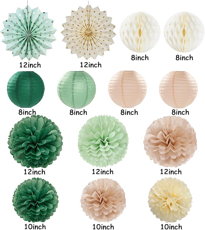Olive-Sage Green Champagne-Gold Party-Decorations Lanterns - 14pcs Rustic Wedding Paper Fan Streamers,Tissue Pom Poms Honeycomb,Boho Bachelorette Neutral Baby Shower Birthday Bridal Decor Ouruola