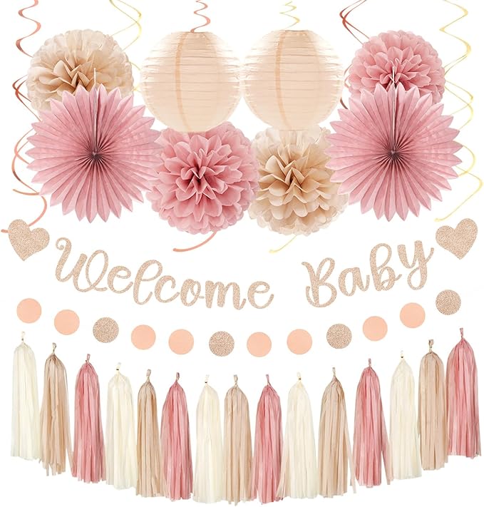 Blush-Pink Rose-Gold Fall Baby-Shower Party-Decorations - 31pcs Welcome Home Banner Sign,Neutral Paper Lanterns,Girl Streamers Garland,Boho Hanging Tissue Pom Poms Flowers Fans Backdrop Decor Burgleda
