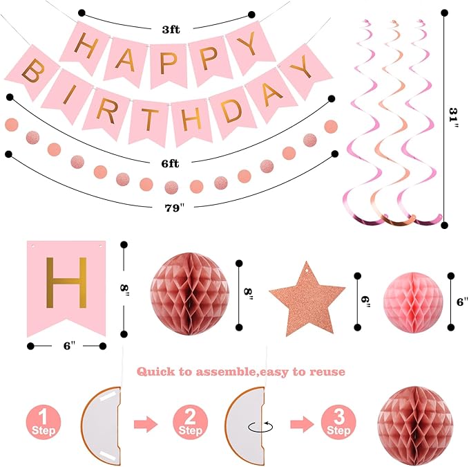 meowtastic Birthday Decorations, Happy Birthday Banner with Honeycomb Ball, Star Hanging Swirl Streamer, Circle Dot Garland, Happy Birthday Party Decoration for Women Men Boy Girls (Rose Gold & Pink)
