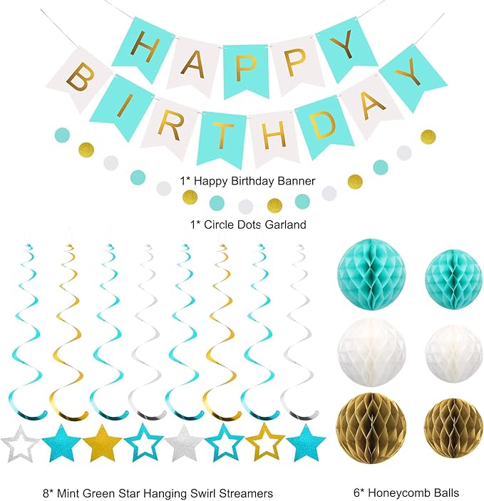meowtastic Birthday Decorations, Happy Birthday Banner with Honeycomb Balls, Stars Hanging Swirls Streamers, Circle Dots Garland, Happy Birthday Party Decorations for Women Men Boys Girls (Mint)