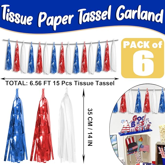 6P Red Blue White Foil Fringe Metallic Tassel Streamers Banner Tassel Garland for Parade Floats, Bachelorette, Wedding, Birthday, Graduation, Christmas, Bridal/Baby Shower Party Decorations