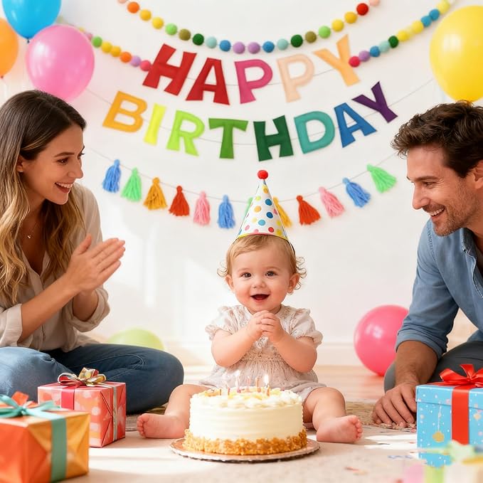 Pre-Strung Happy Birthday Banner Felt Ball Garland Reusable Happy Birthday Garland Pom Pom Party Decor Colorful Thread Tassel Rainbow Party Decorations for Girls Boys Women Men