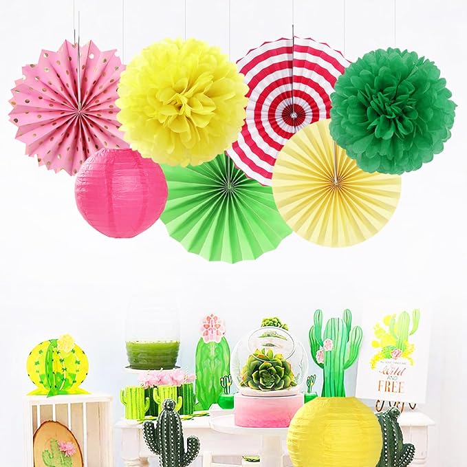 Hawaiian Pink Green-Yellow Party-Decorations - 20pcs Aloha Paper Lanterns Fans,Tissue Pom Poms,Honeycomb Balls,Tropical Pool Jungle Bachelorette Birthday Supplies Summer Beach Burgleda