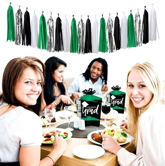 Black Green Silver Football Party-Decorations - 30pcs Soccer Graduation Streamers,Tissue Pom Poms,Tassel Garland Backdrop Men Boys Birthday Spring Sunmer Bunting Jungle theme Banner Lasting Surprise