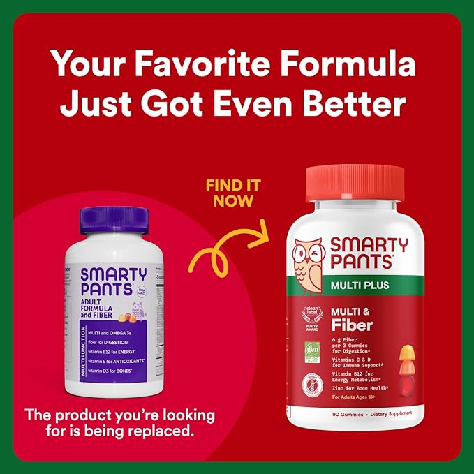 SmartyPants Fiber Supplement & Multivitamin for Men & Women: Multivitamin Fiber Gummies with Vitamin D3, C, Vitamin B12, B6, A, K & Zinc, Omega 3 Fish Oil (EPA/DHA), Biotin, 180 Count (30 Day Supply)