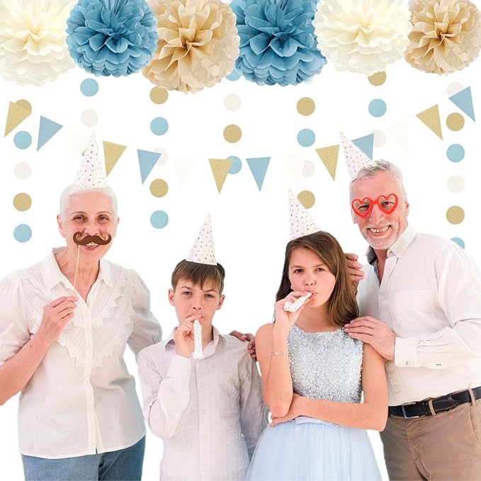 Light-Dusty Blue Beige-Champagne Boho Party Decorations - 23pcs Baby Bridal Shower Tissue Pom Poms Streamers,Women Girls Birthday Tassel Garland Banner,Bachelorette Wedding Decor Backdrop Ouruola