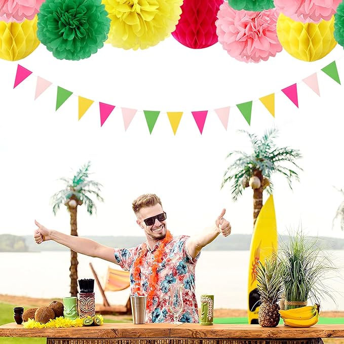 Hawaiian Pink Green-Yellow Party-Decorations - 20pcs Aloha Paper Lanterns Fans,Tissue Pom Poms,Honeycomb Balls,Tropical Pool Jungle Bachelorette Birthday Supplies Summer Beach Burgleda